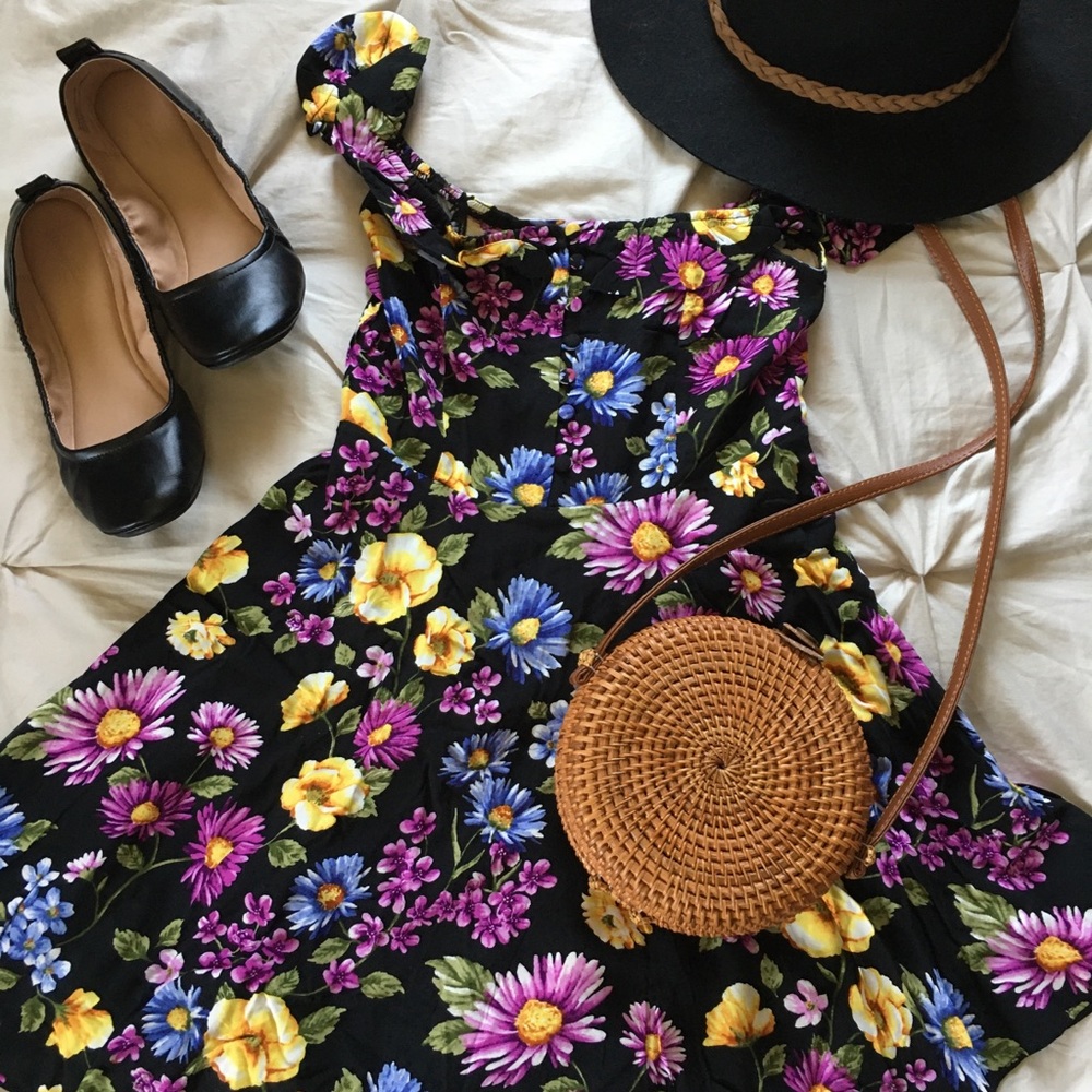 Black Magenta Floral Dress